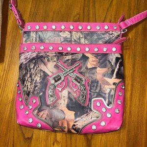 Pink Rhinestone Crossed Pistols Crossbody Bag